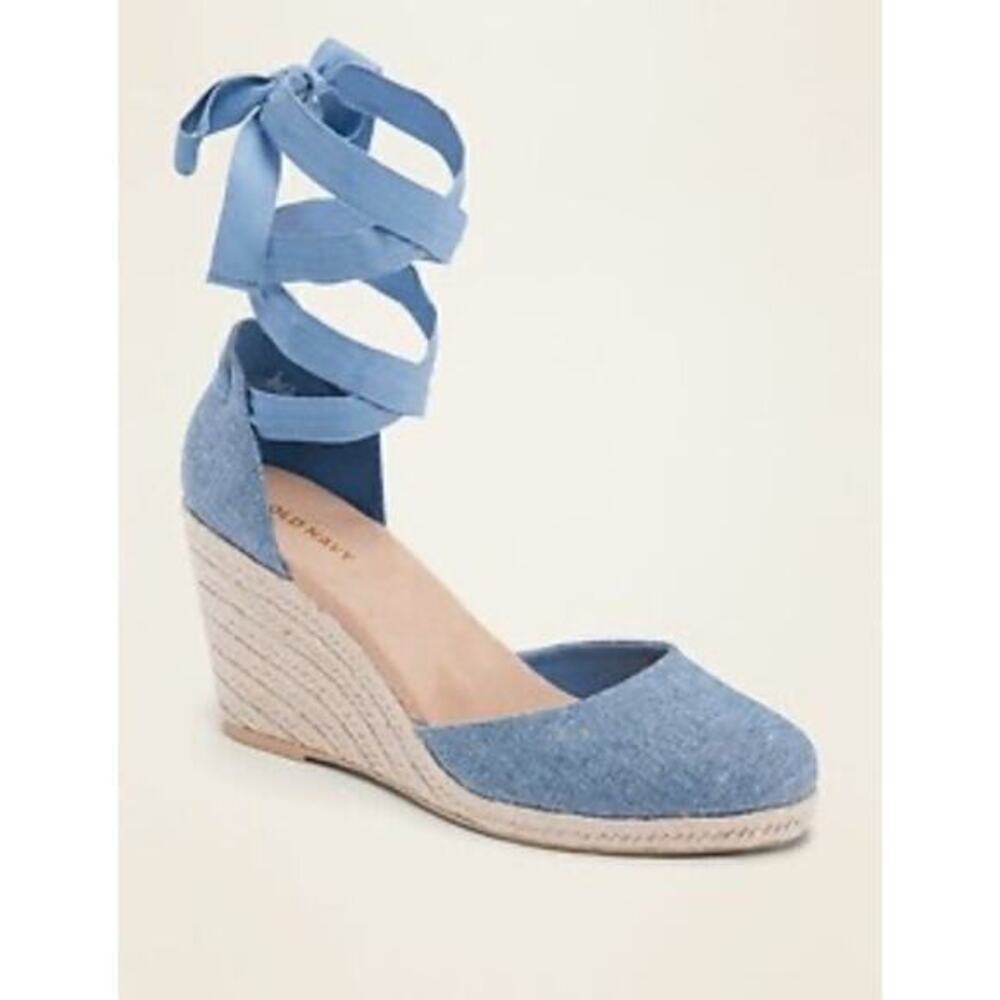 Old Navy Womens Sz 8 Blue Chambray Espadrille Wedge Heels Shoes Ribbon Ankle Tie